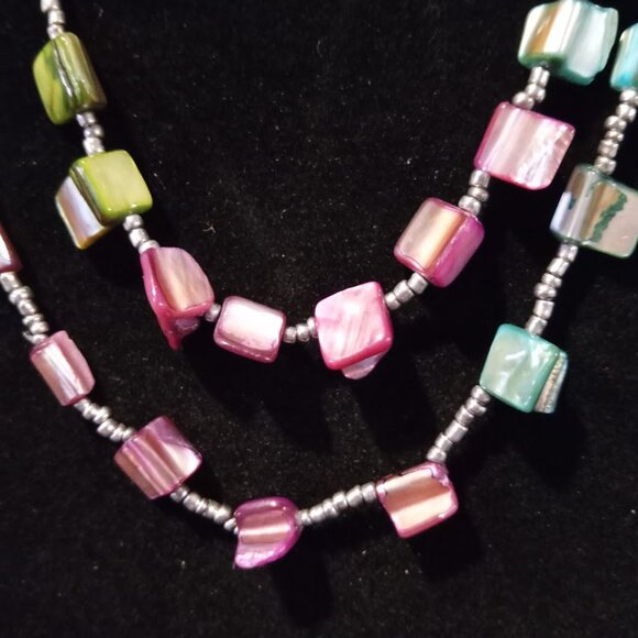 22" Adorable Darker Mints/Silver Tone Square Chunky Nuggets Purples Aqua Greens - Picture 4 of 5